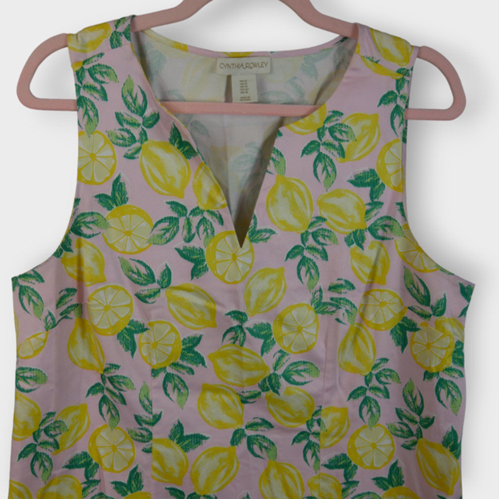 Cynthia Rowley Pastel Pink Lemon Print Notch Neck Shift Dress Size 12 EUC - Picture 4 of 9